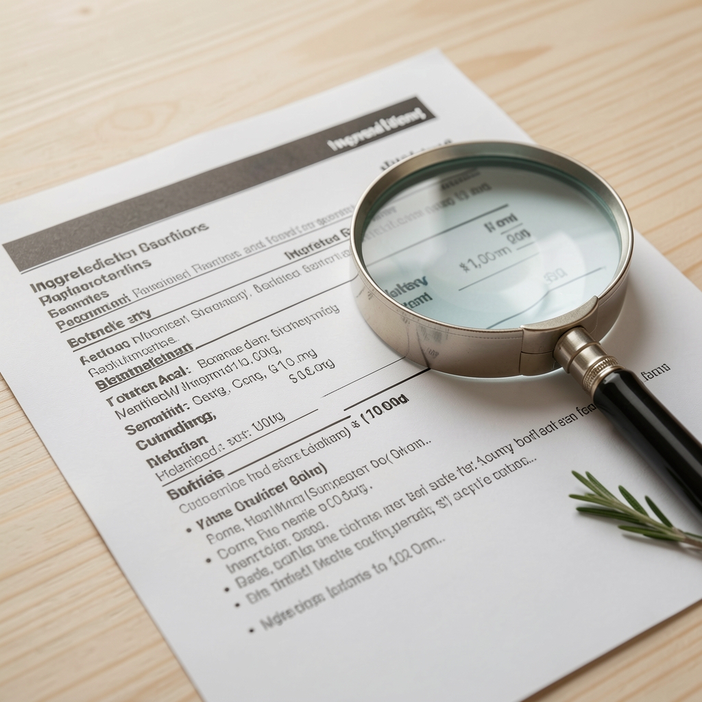 Close-up of ingredient labels and botanical sourcing documentation laid on a light wooden surface with magnifying glass