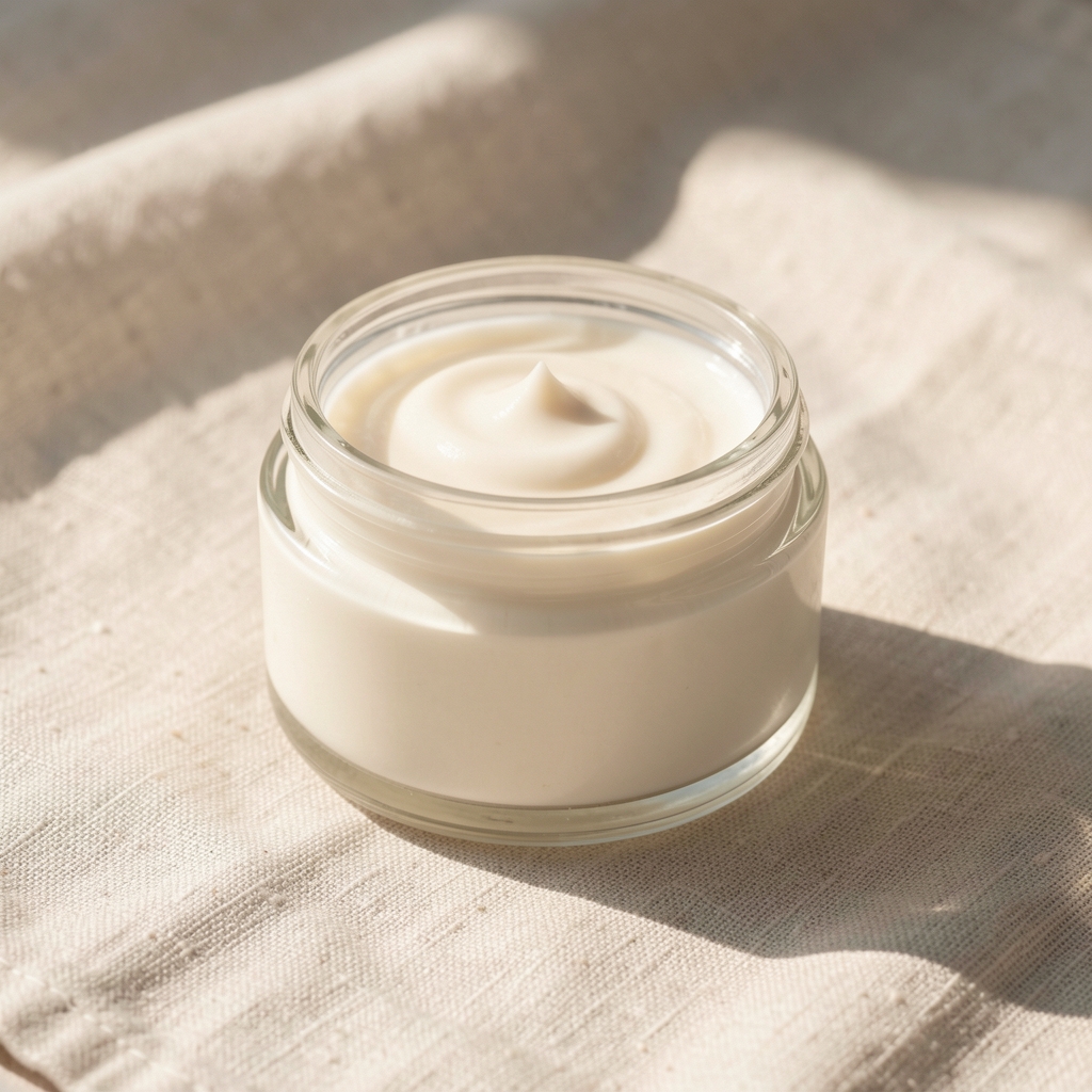 Glass jar of smooth body cream on pale linen surface with morning natural light, minimal editorial composition