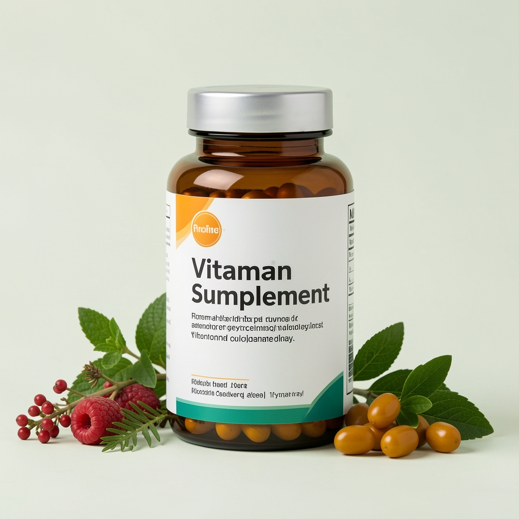 Vitamin supplement bottle against clean pale background with visible label and botanical props arranged beside it