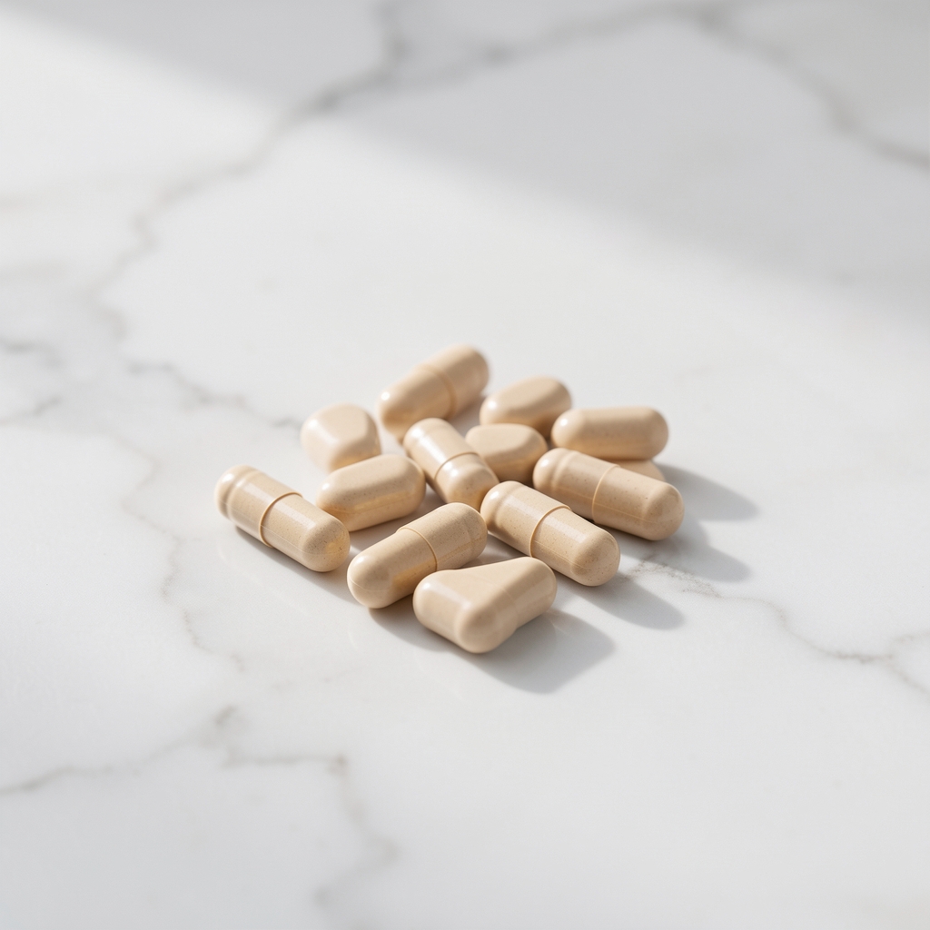 Small supplement capsules on a white marble surface with minimal editorial arrangement and natural side lighting